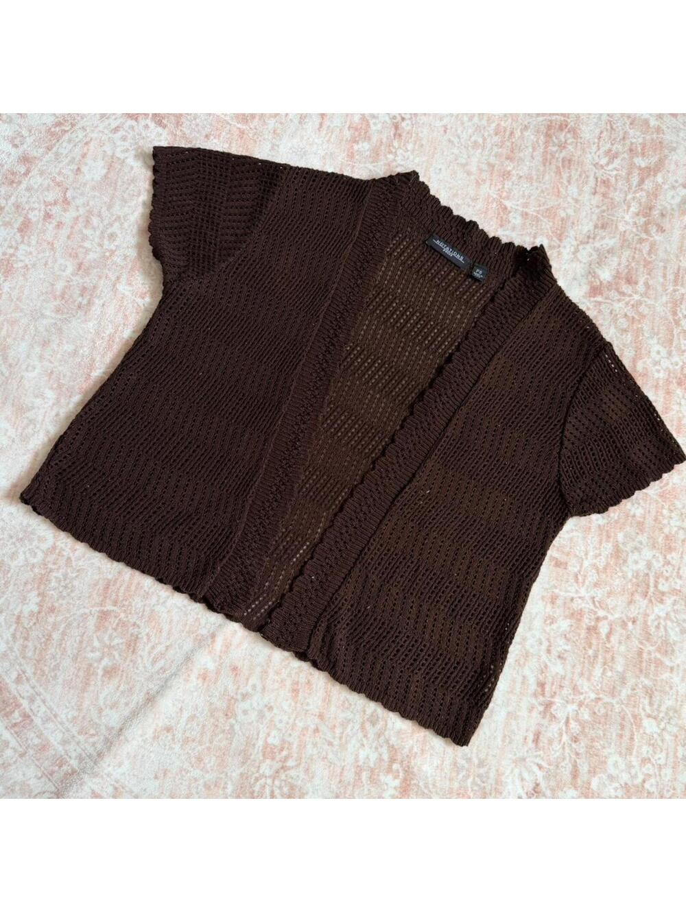 Brown Knit Cardigan Short Sleeve Open Knit Petite